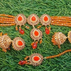 Orrange Stylish Indian Dark Stone Choker Necklace Set With Earrings And Bindia