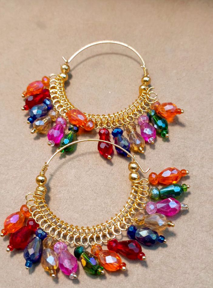 Multicolour Crystal HoopsTraditional Punjabi Earrings Bali Moti In 3 Different colour Black.Golden.Multi.whaite