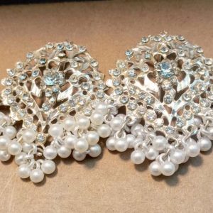 Trendy Crystal Flower & White Pearls Stud Earrings
