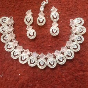 New Embellished Zircon Pink Stone Necklace Set Earring & Tika with All IN Differnt Colour