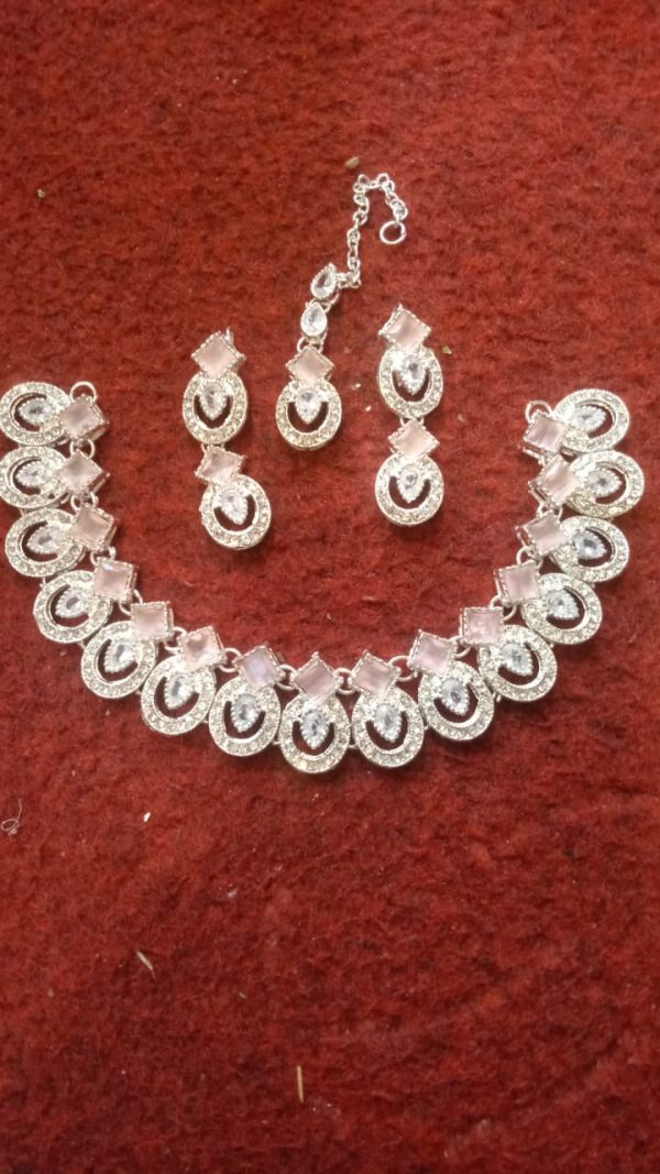 New Embellished Zircon Pink Stone Necklace Set Earring & Tika with All IN Differnt Colour