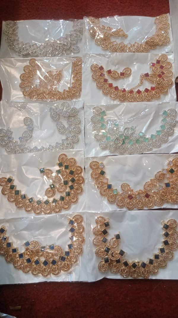 New Embellished Zircon Pink Stone Necklace Set Earring & Tika with All IN Differnt Colour