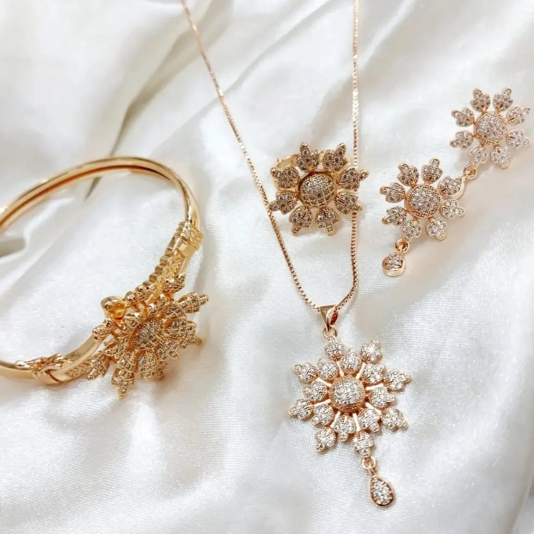 Zircon Elegant Gold Plated Flower Style locket Set With Adjustable Bangle & Rings