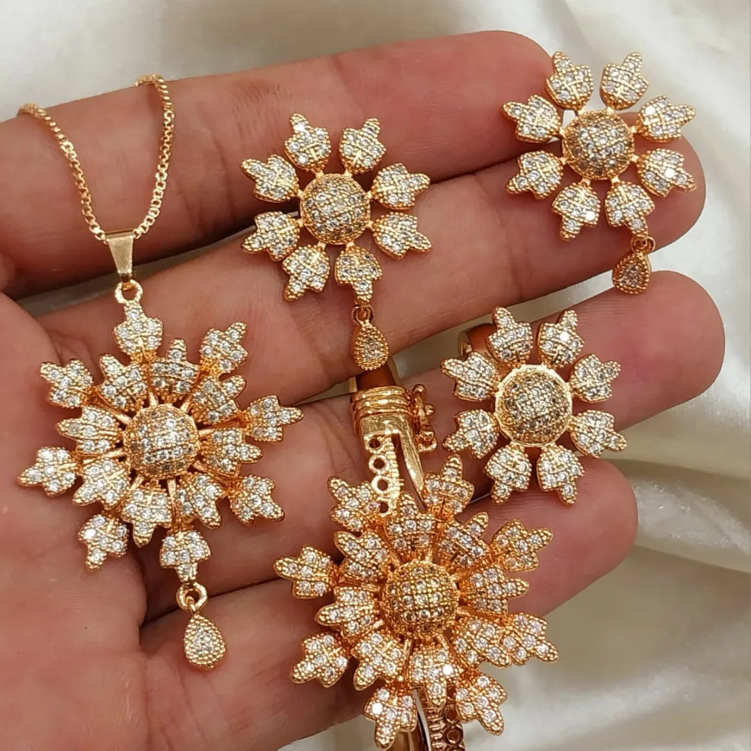 Zircon Elegant Gold Plated Flower Style locket Set With Adjustable Bangle & Rings